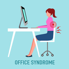 Office syndrome concept vector illustration. Businesswoman has backache symptom at workplace.