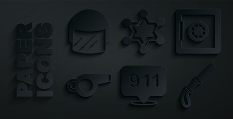 Sticker - Set Telephone call 911, Safe, Whistle, Police rubber baton, Hexagram sheriff and helmet icon. Vector