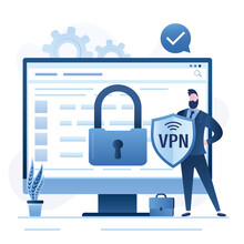 Computer With VPN Software Or Plugin. App For Secure Internet Connection, Data Encryption. Security Protocol. Virtual Private Network. Male User Holds Shield.