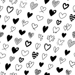 Wall Mural - seamless pattern with different hand drawn heart doodles. romantic black and white heart shapes back