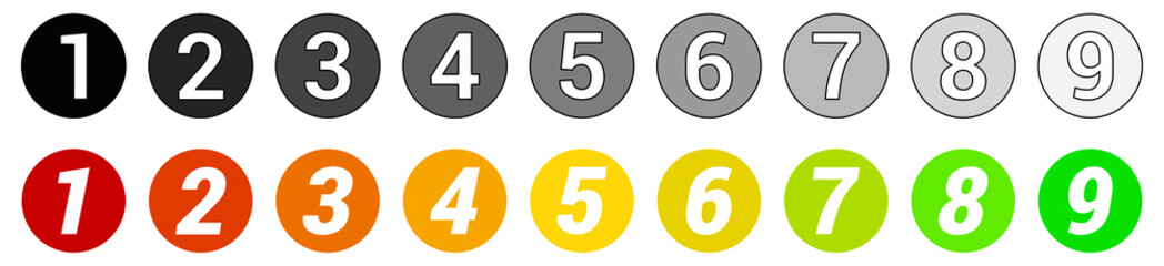 Wall Mural - Numbers in small circles with color or gray gradient. Can be used as scale rating icons