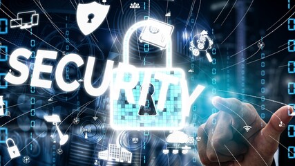 Poster - cyber security and digital data protection conceptual . graphic interface showing secure firewall te