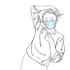 Wall Mural - Woman in medical face mask standing in picturesque expressive pose vector drawing, Hand drawn vector illustration coronavirus pandemic new normal