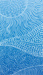 Abstract landscape hills, sun and sky, Hand drawn pattern of dashed lines, dots and stripes organic shapes white on blue gradient background, inspired by indigenous Aboriginal art