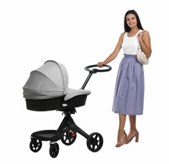 Happy young woman with baby stroller on white background