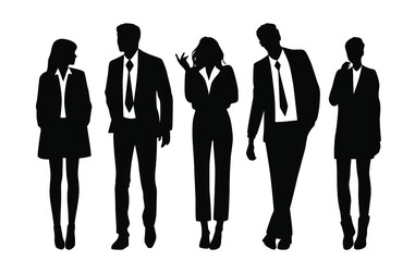 Vector silhouettes of  men and a women, a group of standing  business people, profile, black  color isolated on white background