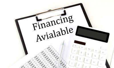 Poster - FINANCING AVAILABLE text on folder with chart and calculator on white background