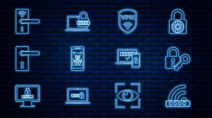 Fototapete - Set line Wifi locked, Lock and key, Shield with VPN wireless, Mobile face recognition, Door handle, Digital door, Two steps authentication and Laptop password icon. Vector