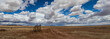 A panorama of an old corral, abandoned in the desert of Arizona under a blue sky with bright white clouds on a spring day.