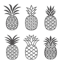 Abstract Pineapple Icons Set In Outline Style. Creative, Flat Logo Design, Symbol, Emblem Or Icon Of Tropical Fruit In A Modern Abstract Style. Vector Illustration.