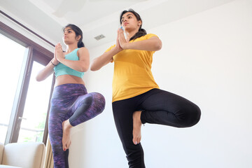 Poster - Young Indian girls in sportswear practicing yoga at home