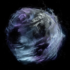 Wall Mural - 3d render of abstract metal stainless steel 3d cyber ball planet, microchips processors and transistors on surface with round spiral thunder hurricane with small balls particles and neon lightnings 