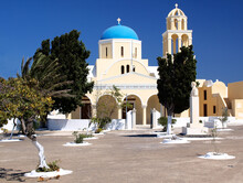 A White Greek Church On  Santhorini Island, Greece