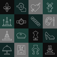 Sticker - Set line Fountain, Woman shoe, Paint brush with palette, Amour heart and arrow, Wrist watch, Place De La Concorde, Fleur Lys and French baguette bread icon. Vector