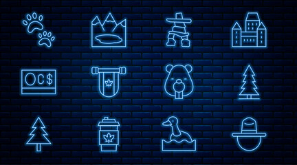 Wall Mural - Set line Canadian ranger hat, spruce, Inukshuk, Pennant Canada, dollar, Paw print, Beaver animal and lake icon. Vector