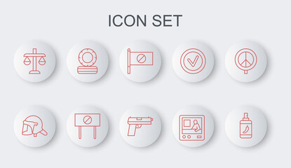 Sticker - Set line Pepper spray, Police helmet, Protest, Television report, Scales of justice, Lying burning tires, and Pistol gun icon. Vector