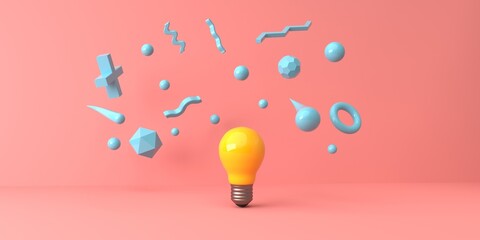 Poster - Light bulb with flying geometric shapes