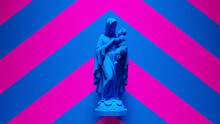 Blue Mary Mother An Child Baby Jesus Statue Art Religion Christ Sculpture With Pink An Blue Chevron Background 3d Illustration Render