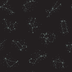Wall Mural - Vector zodiac constellations. Celestial seamless pattern. Stylized astronomical star systems in grey color on a black background. Backdrop with astrological horoscope signs