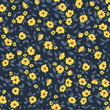 Beautiful Floral Pattern In Small Abstract Flowers. Small Yellow Flowers. Darkl Blue Background. Ditsy Print. Floral Seamless Background. The Elegant The Template For Fashion Prints. Stock Pattern.