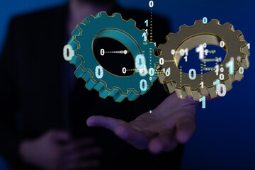 Poster - Cyborg hand holding a gear wheel interface 3d rendering.