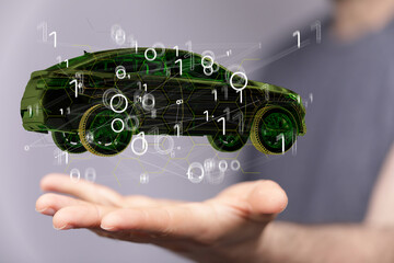 Aufkleber - Man holding and touching holographic smart car