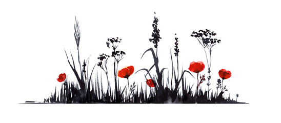 hand drawn watercolor illustration. bottom border decorative element. dry black stems flowers, plant