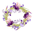 A wreath of different types of purple iris, eucalyptus and blueberry branches .Watercolour. Invitation, print, poster, postcard, decoupage, business card.