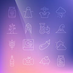 Wall Mural - Set line Jam jar, Sun and cloud weather, Witch hat, Scarecrow, Winter, Bare tree, Jar of honey and Tractor icon. Vector