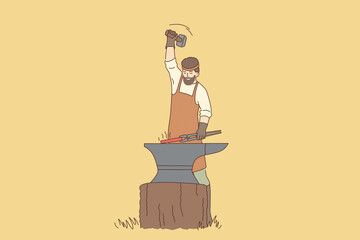 Work and tools of blacksmith concept. Young man blacksmith cartoon character with beard in apron standing working with hot iron vector illustration 