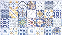Typical Sicilian Floor And Wall Tiles In Different Patterns And Design In Blue, Yellow And White Color
