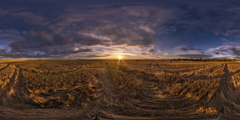 Wall Mural - spherical evening hdri panorama 360 view among farming fields with sunset clouds in equirectangular projection, ready for VR AR virtual reality content