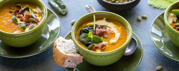 Narrow view of bowls of butternut squash soup garnished with greens, bacon and pumpkin seeds.