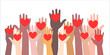 Hands holding a heart, voluntary and donation flat raster illustration. Volunteers, social workers holding hearts in palms give and share love to people concept.Multiethnic society unity, togetherness