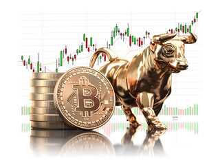 Poster - Bitcoin coin with bull and stock chart isolated on white. Bullish market of BTC.