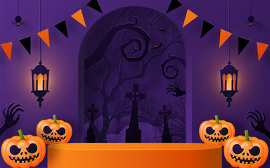 Halloween background design with 3d Podium round, square box stage podium ghost, pumpkin, bat, lamp, gravestone, moon, night, spooky,gravestone and paper cut art elements craft style on background.
