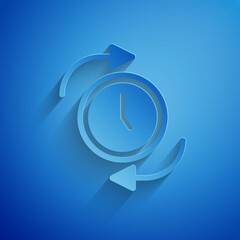 Poster - Paper cut Clock with arrow icon isolated on blue background. Time symbol. Clockwise rotation icon arrow and time. Paper art style. Vector