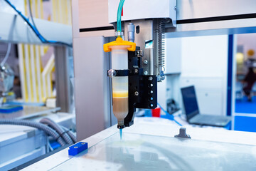 Poster - High-tech production. Manufacturing of computer parts. Process of creating microcircuits. PCB production. Creation of high-tech microcircuits. Machine applies transparent plastic to glass.
