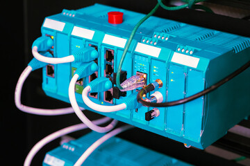 Poster - switching system. network equipment close-up. switching equipment. equipment for distribution of inc