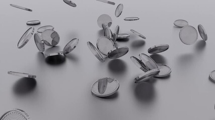 Poster - Abstract gray shiny coins fall on the gray floor, turn over and freeze, spinning.