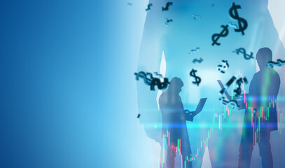 Poster - investment background. blue business background. silhouettes of investors with laptops. wallpaper on