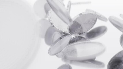 Poster - Blurred image of shiny metallic coins that fall from above and rotate on a white background. Cryptocurrency concept.
