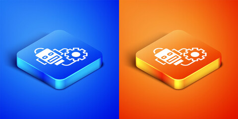 Poster - Isometric Robot setting icon isolated on blue and orange background. Artificial intelligence, machine learning, cloud computing. Square button. Vector