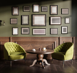Poster - English cafe restaurant, vintage interior background with mock up pictures. 3D render, 3D illustration.