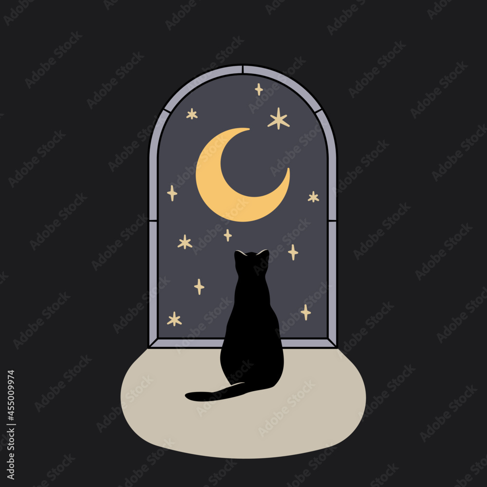 Samotny kot siedzący przy oknie, patrzący na wieczorne niebo, księżyc i gwiazdy. Nocna magiczna scena. Kocia sylwetka z półksiężycem w stylu boho. Urocza ilustracja wektorowa. - obrazy, fototapety, plakaty 