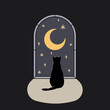 Samotny kot siedzący przy oknie, patrzący na wieczorne niebo, księżyc i gwiazdy. Nocna magiczna scena. Kocia sylwetka z półksiężycem w stylu boho. Urocza ilustracja wektorowa.