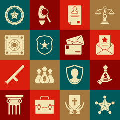 Wall Mural - Set Hexagram sheriff, Hand holding money bag, The arrest warrant, Identification badge, Police, Safe, and Envelope icon. Vector