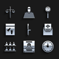 Wall Mural - Set Police rubber baton, Wanted poster, Clock, Subpoena, Jurors, Evidence bag and bullet, Magnifying glass with search and Scales of justice icon. Vector