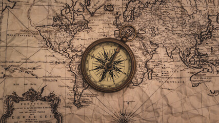 Wall Mural - Nautical Brass Compass On Map