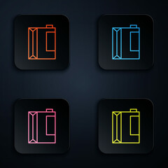 Color neon line Paper package for kefir icon isolated on black background. Dieting food for healthy lifestyle and probiotics fulfillment. Set icons in square buttons. Vector